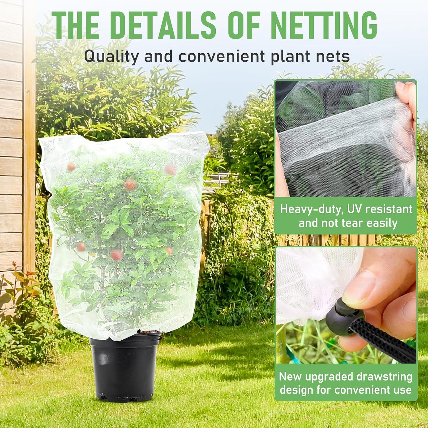 Fruit Tree Netting, Plant Mesh Netting for Garden Protection, Blueberry Bush Insect Netting Cover as Garden Pest Barrier from Cicadas, Bug, Bird (2.6x3.3 FT, 4Pcs, with Drawstring Design)