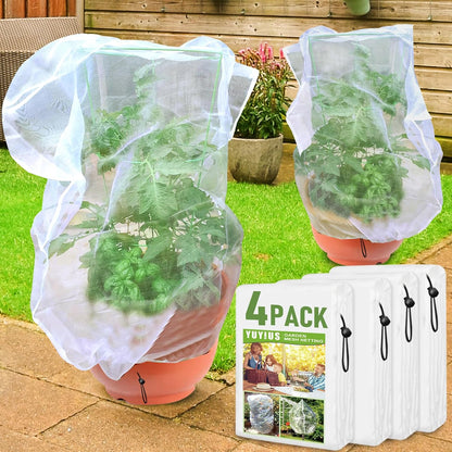Fruit Tree Netting, Plant Mesh Netting for Garden Protection, Blueberry Bush Insect Netting Cover as Garden Pest Barrier from Cicadas, Bug, Bird (2.6x3.3 FT, 4Pcs, with Drawstring Design)