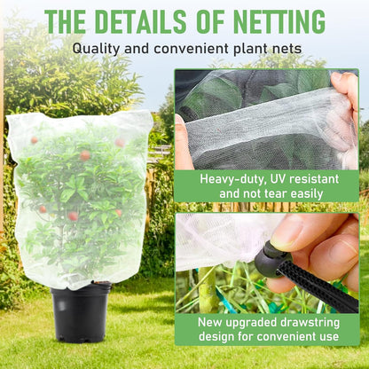 Fruit Tree Netting, Plant Mesh Netting for Garden Protection, Blueberry Bush Insect Netting Cover as Garden Pest Barrier from Cicadas, Bug, Bird (2.6x3.3 FT, 4Pcs, with Drawstring Design)