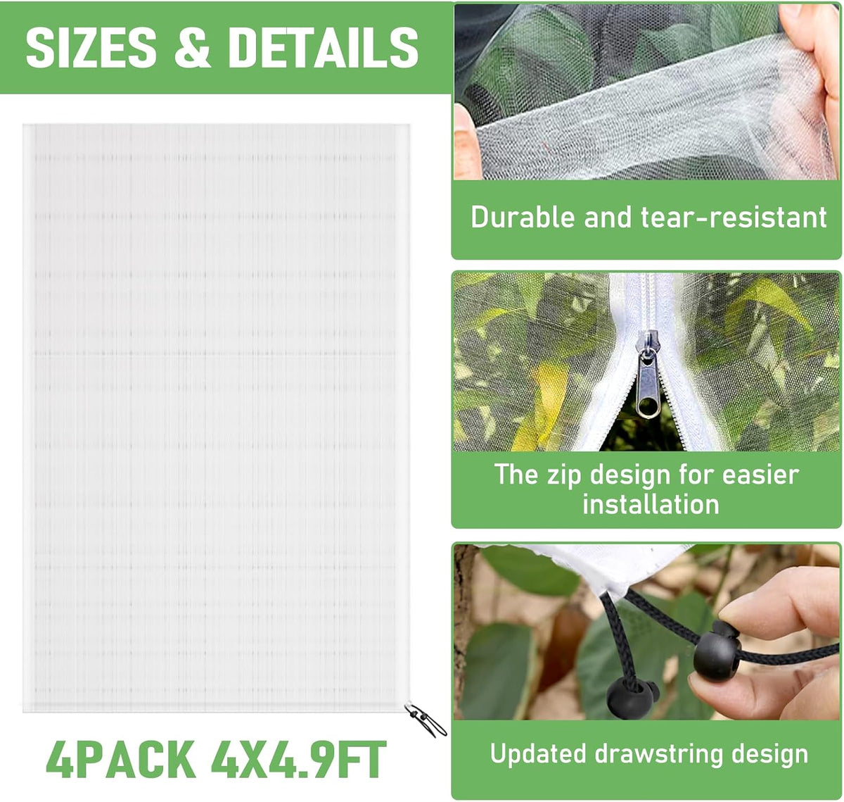 Fruit Tree Netting, Plant Mesh Netting for Garden Protection, Blueberry Bush Insect Netting Cover as Garden Pest Barrier from Cicadas, Bug, Bird (2.6x3.3 FT, 4Pcs, with Drawstring Design)