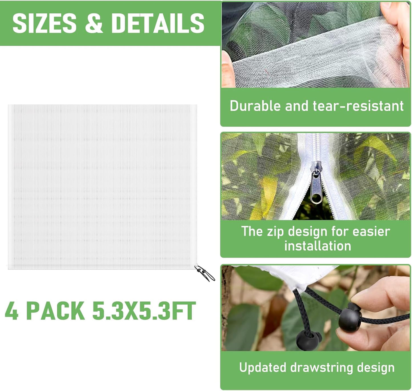 Fruit Tree Netting, Plant Mesh Netting for Garden Protection, Blueberry Bush Insect Netting Cover as Garden Pest Barrier from Cicadas, Bug, Bird (2.6x3.3 FT, 4Pcs, with Drawstring Design)