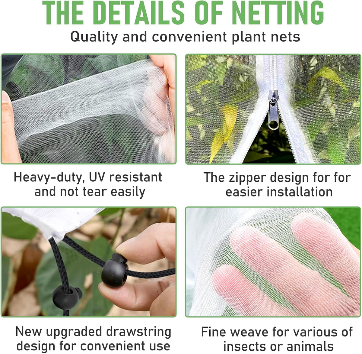 Fruit Tree Netting, Plant Mesh Netting for Garden Protection, Blueberry Bush Insect Netting Cover as Garden Pest Barrier from Cicadas, Bug, Bird (2.6x3.3 FT, 4Pcs, with Drawstring Design)