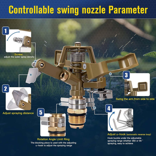 Brass Impact Sprinkler Head - 1/2 Inch Impact Sprinklers with Adjustable Nozzles for 360 Degrees Watering, Ideal for Large Patios, Gardens & Irrigation (2 PCS)