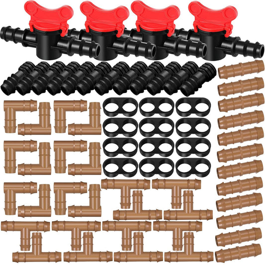 1/2 Inch Drip Irrigation Tubing Fittings Kit Including 4 Switch Valve 12 Elbows 12 Couplings 12 End Cap Plugs 12 Tees 12 End Closures Drip for Sprinkler Systems Garden Lawn Flower Pot(64 Pcs)