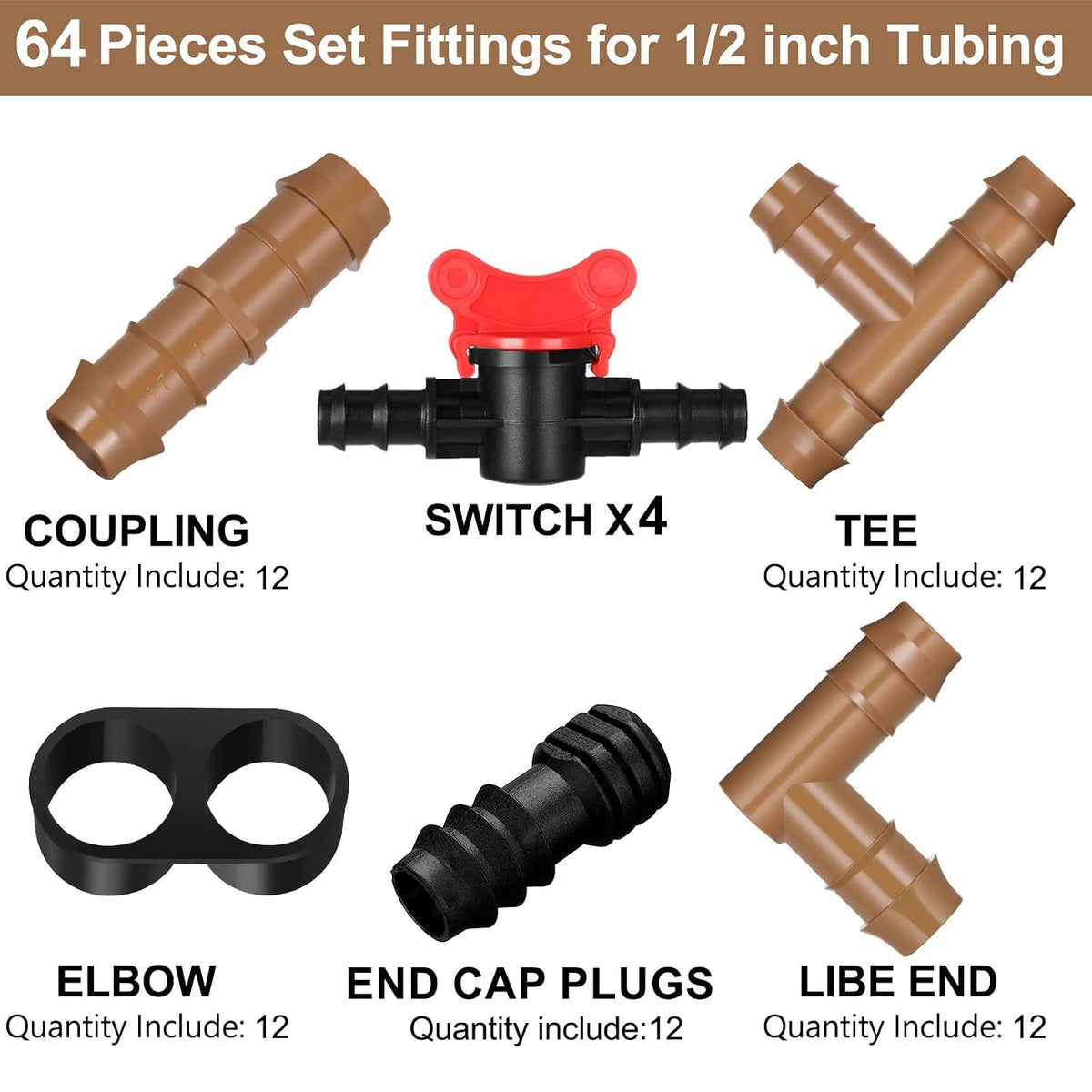 1/2 Inch Drip Irrigation Tubing Fittings Kit Including 4 Switch Valve 12 Elbows 12 Couplings 12 End Cap Plugs 12 Tees 12 End Closures Drip for Sprinkler Systems Garden Lawn Flower Pot(64 Pcs)