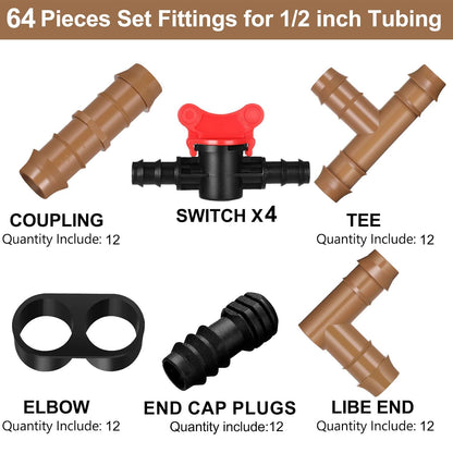 1/2 Inch Drip Irrigation Tubing Fittings Kit Including 4 Switch Valve 12 Elbows 12 Couplings 12 End Cap Plugs 12 Tees 12 End Closures Drip for Sprinkler Systems Garden Lawn Flower Pot(64 Pcs)