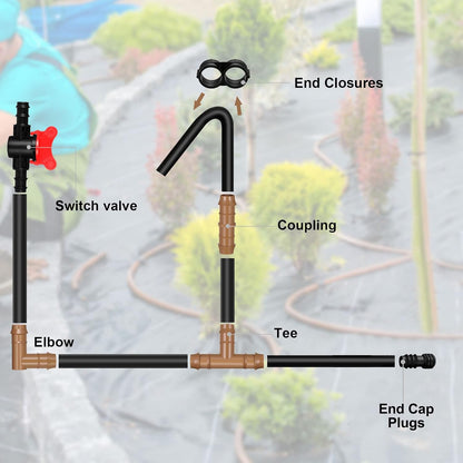 1/2 Inch Drip Irrigation Tubing Fittings Kit Including 4 Switch Valve 12 Elbows 12 Couplings 12 End Cap Plugs 12 Tees 12 End Closures Drip for Sprinkler Systems Garden Lawn Flower Pot(64 Pcs)