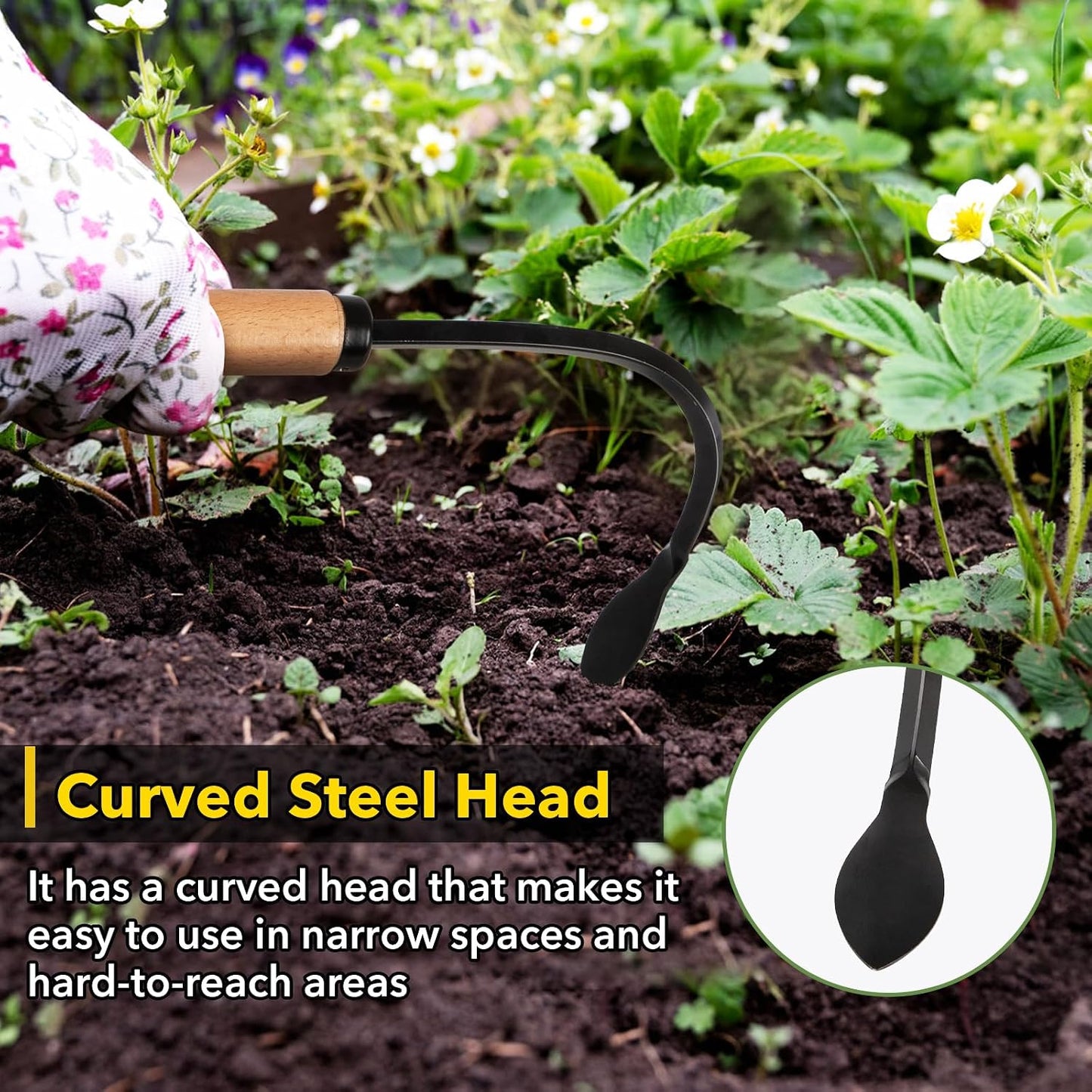 Weed Puller Tool, Manual Weeder with Heavy Duty Steel Curved Head, Hand Cultivator & Garden Hoe, Reusable Wood Handle Weeding Tool for Flower Beds & Vegetable Garden (Black)
