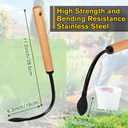 Weed Puller Tool, Manual Weeder with Heavy Duty Steel Curved Head, Hand Cultivator & Garden Hoe, Reusable Wood Handle Weeding Tool for Flower Beds & Vegetable Garden (Black)