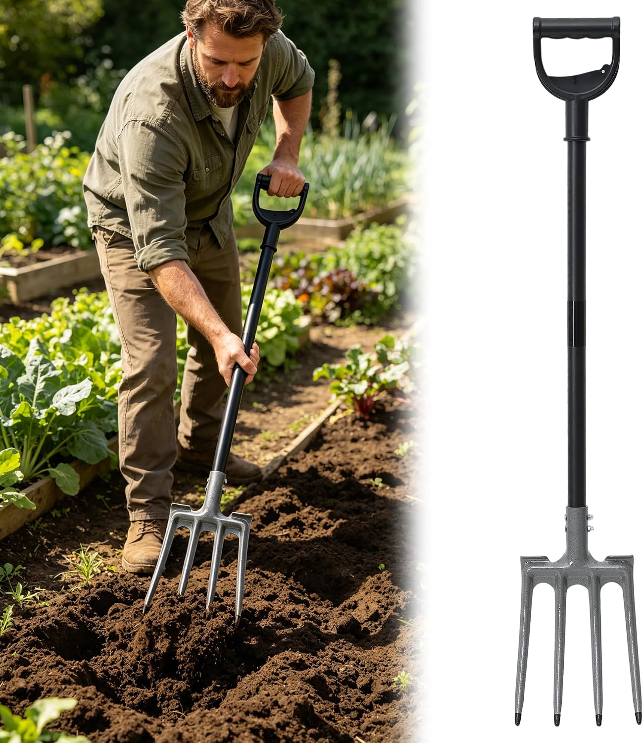 Pitch Fork, Metal Broadfork Garden Tool Long Handle, 4 Tine Mulch Hay Manure Digging Bedding Hay Potato Garden Fork Shovel for Gardening Loosening Soil Compost