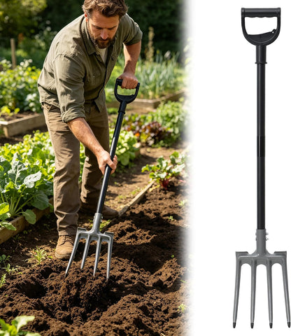 Pitch Fork, Metal Broadfork Garden Tool Long Handle, 4 Tine Mulch Hay Manure Digging Bedding Hay Potato Garden Fork Shovel for Gardening Loosening Soil Compost