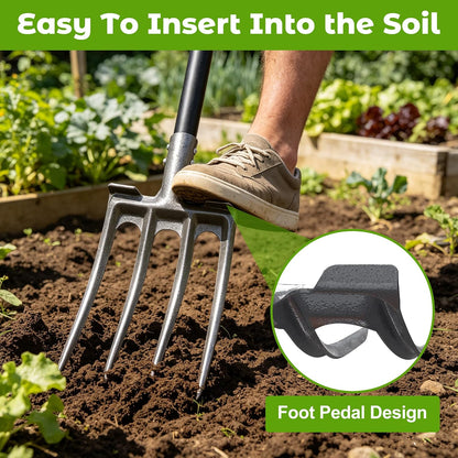 Pitch Fork, Metal Broadfork Garden Tool Long Handle, 4 Tine Mulch Hay Manure Digging Bedding Hay Potato Garden Fork Shovel for Gardening Loosening Soil Compost