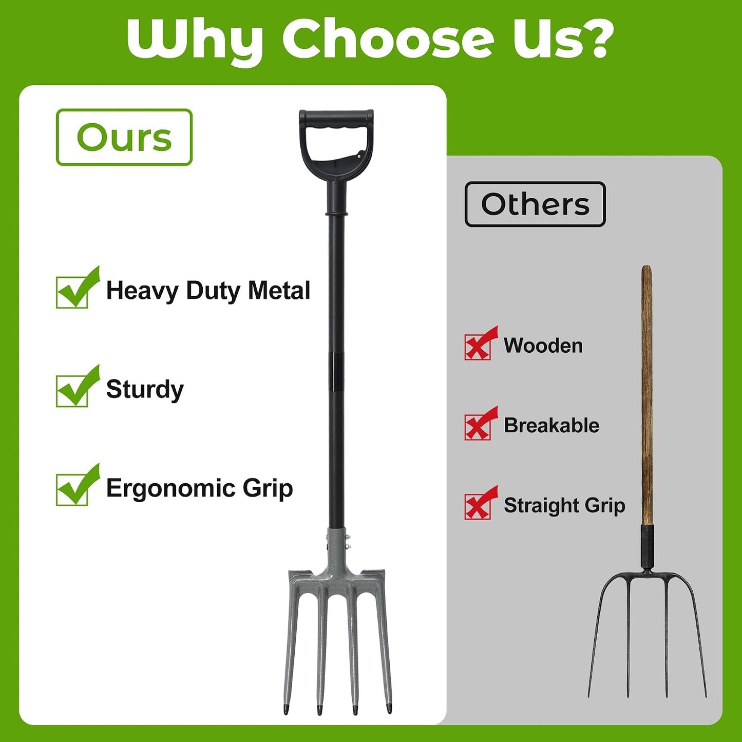 Pitch Fork, Metal Broadfork Garden Tool Long Handle, 4 Tine Mulch Hay Manure Digging Bedding Hay Potato Garden Fork Shovel for Gardening Loosening Soil Compost