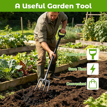 Pitch Fork, Metal Broadfork Garden Tool Long Handle, 4 Tine Mulch Hay Manure Digging Bedding Hay Potato Garden Fork Shovel for Gardening Loosening Soil Compost