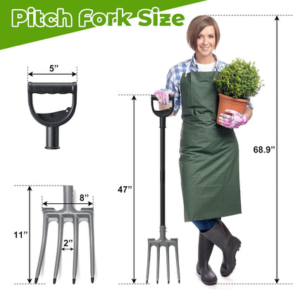 Pitch Fork, Metal Broadfork Garden Tool Long Handle, 4 Tine Mulch Hay Manure Digging Bedding Hay Potato Garden Fork Shovel for Gardening Loosening Soil Compost