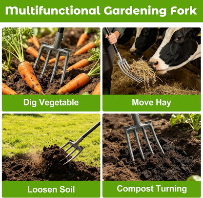 Pitch Fork, Metal Broadfork Garden Tool Long Handle, 4 Tine Mulch Hay Manure Digging Bedding Hay Potato Garden Fork Shovel for Gardening Loosening Soil Compost