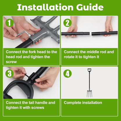 Pitch Fork, Metal Broadfork Garden Tool Long Handle, 4 Tine Mulch Hay Manure Digging Bedding Hay Potato Garden Fork Shovel for Gardening Loosening Soil Compost