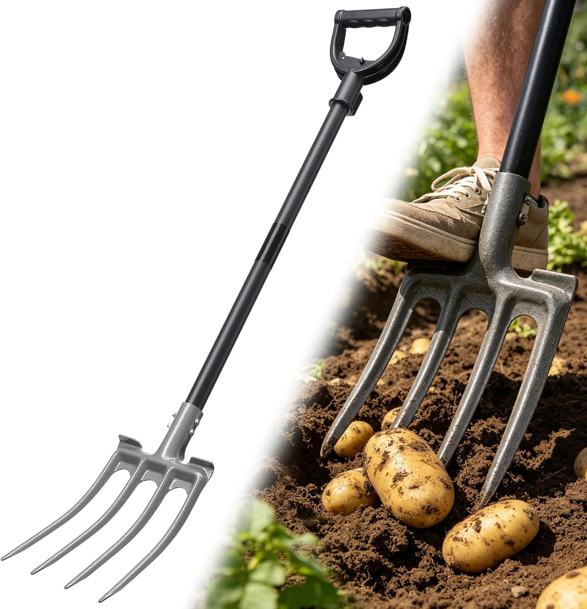 Pitch Fork, Metal Broadfork Garden Tool Long Handle, 4 Tine Mulch Hay Manure Digging Bedding Hay Potato Garden Fork Shovel for Gardening Loosening Soil Compost
