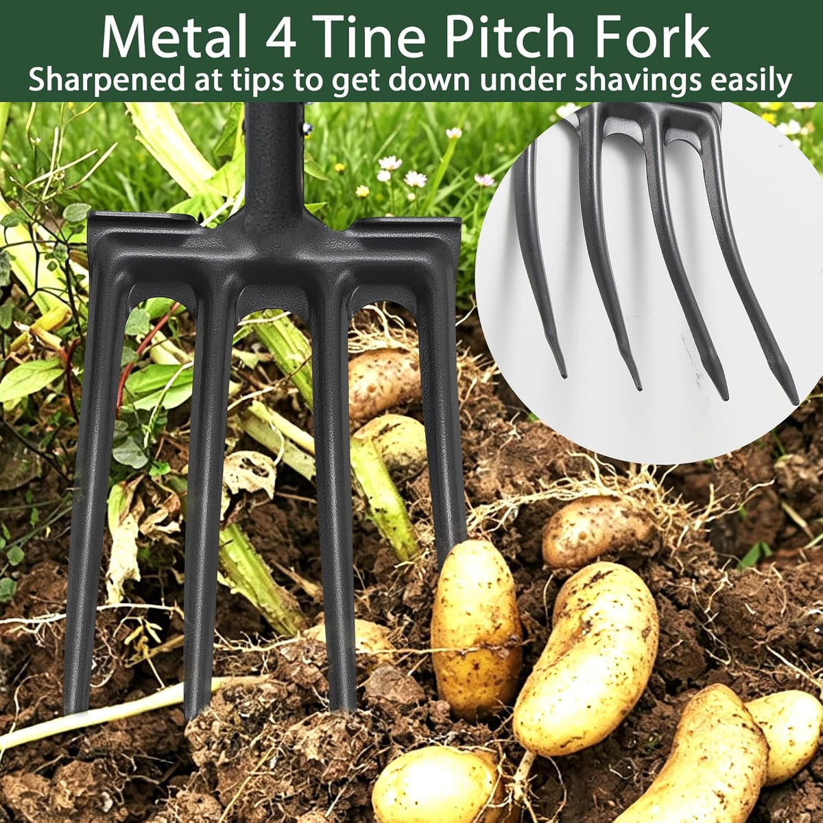 Pitch Fork, Metal Broadfork Garden Tool Long Handle, 4 Tine Mulch Hay Manure Digging Bedding Hay Potato Garden Fork Shovel for Gardening Loosening Soil Compost