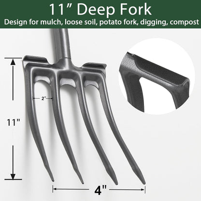 Pitch Fork, Metal Broadfork Garden Tool Long Handle, 4 Tine Mulch Hay Manure Digging Bedding Hay Potato Garden Fork Shovel for Gardening Loosening Soil Compost