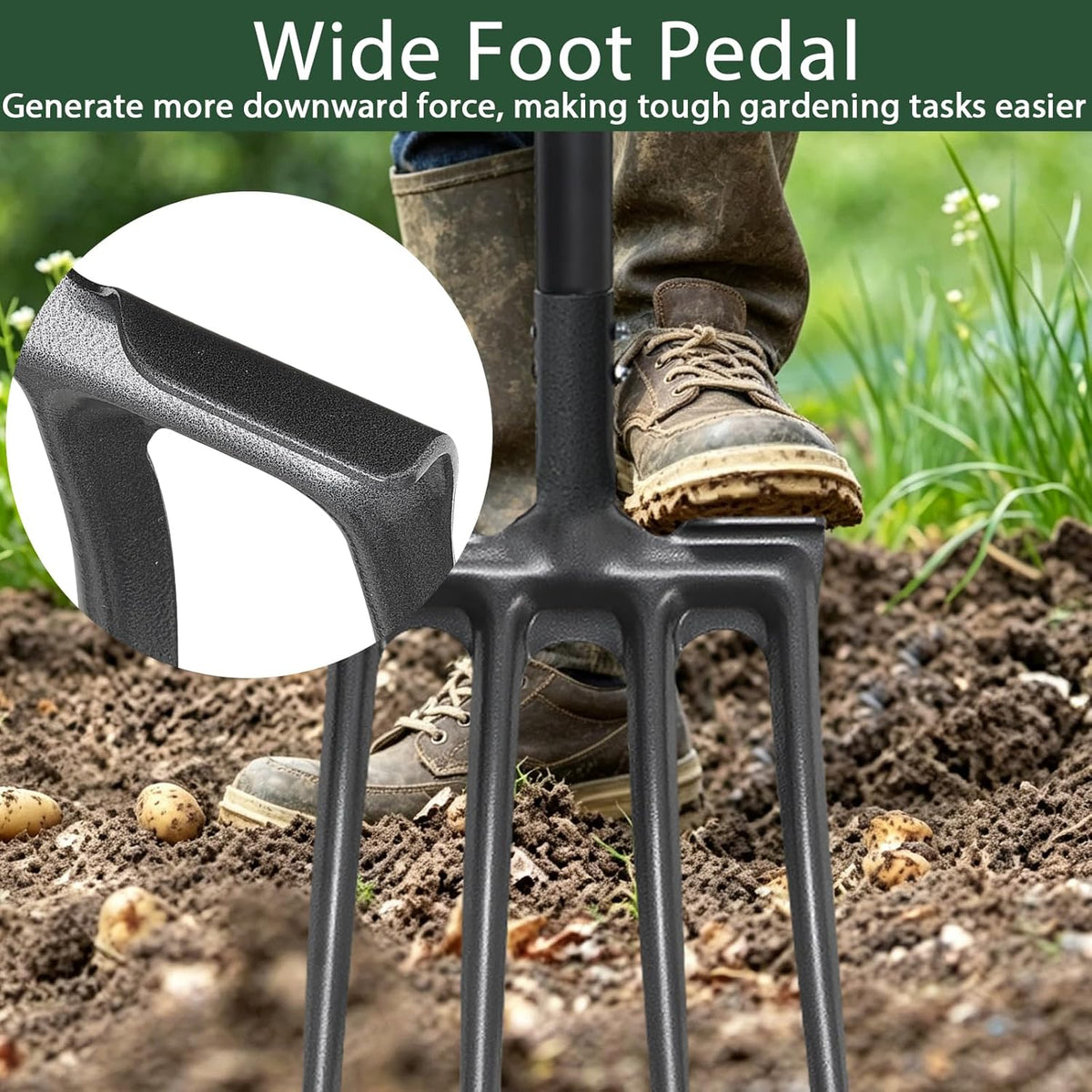 Pitch Fork, Metal Broadfork Garden Tool Long Handle, 4 Tine Mulch Hay Manure Digging Bedding Hay Potato Garden Fork Shovel for Gardening Loosening Soil Compost