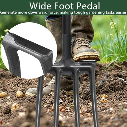 Pitch Fork, Metal Broadfork Garden Tool Long Handle, 4 Tine Mulch Hay Manure Digging Bedding Hay Potato Garden Fork Shovel for Gardening Loosening Soil Compost
