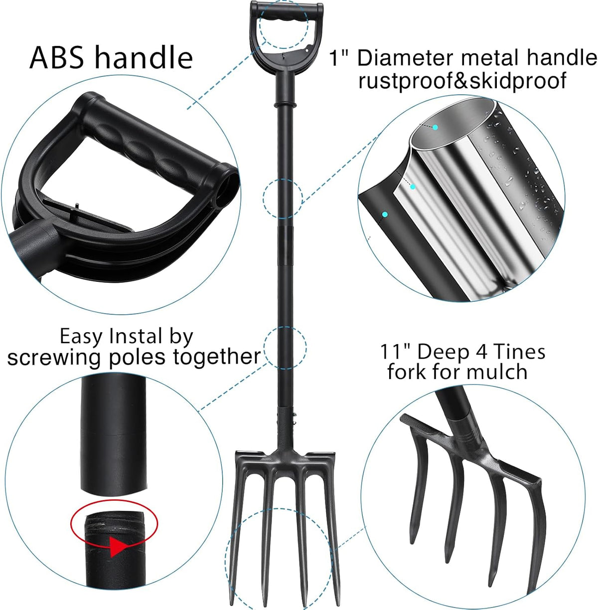Pitch Fork, Metal Broadfork Garden Tool Long Handle, 4 Tine Mulch Hay Manure Digging Bedding Hay Potato Garden Fork Shovel for Gardening Loosening Soil Compost