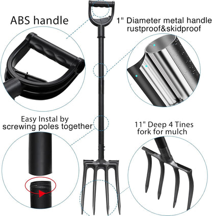 Pitch Fork, Metal Broadfork Garden Tool Long Handle, 4 Tine Mulch Hay Manure Digging Bedding Hay Potato Garden Fork Shovel for Gardening Loosening Soil Compost