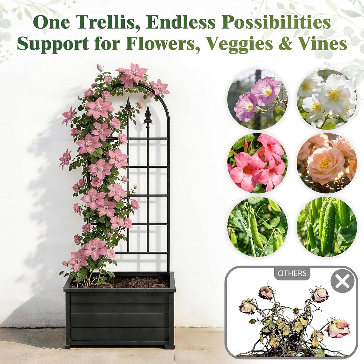 2 Pack 47" H x17 W Garden Trellis for Climbing Plants Outdoor - Metal Rustproof Arched Rose Trellis for Outdoor Indoor Roses Potted Vines Cucumbers Clematis Flowers Decorative, Black
