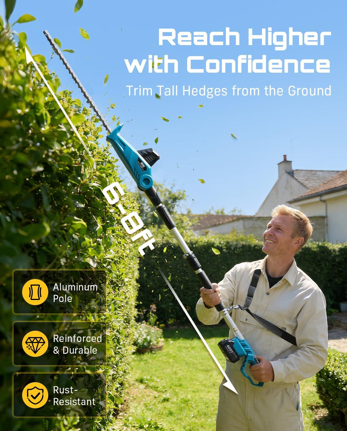 20V Pole Hedge Trimmer Cordless, 20" Electric Bush Trimmer 2×4.0Ah