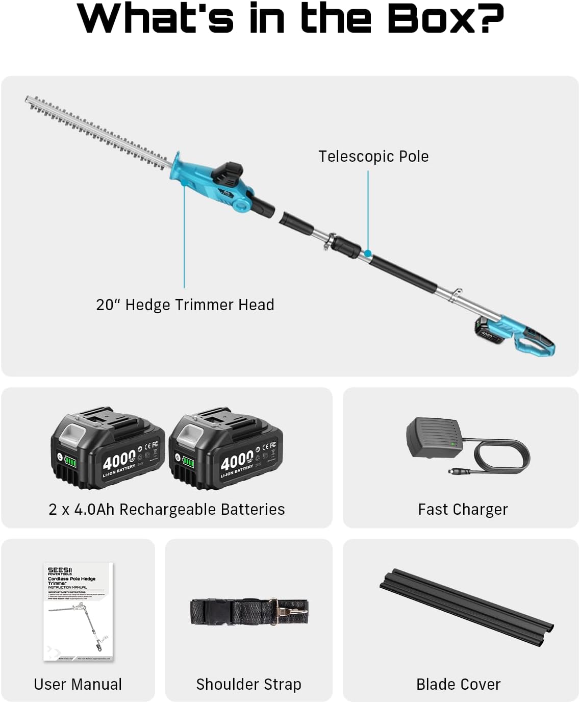 20V Pole Hedge Trimmer Cordless, 20" Electric Bush Trimmer 2×4.0Ah