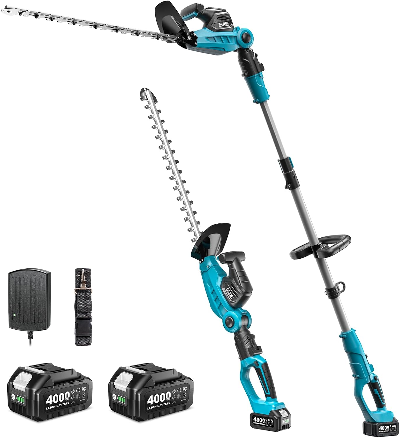 20V Pole Hedge Trimmer Cordless, 20" Electric Bush Trimmer 2×4.0Ah
