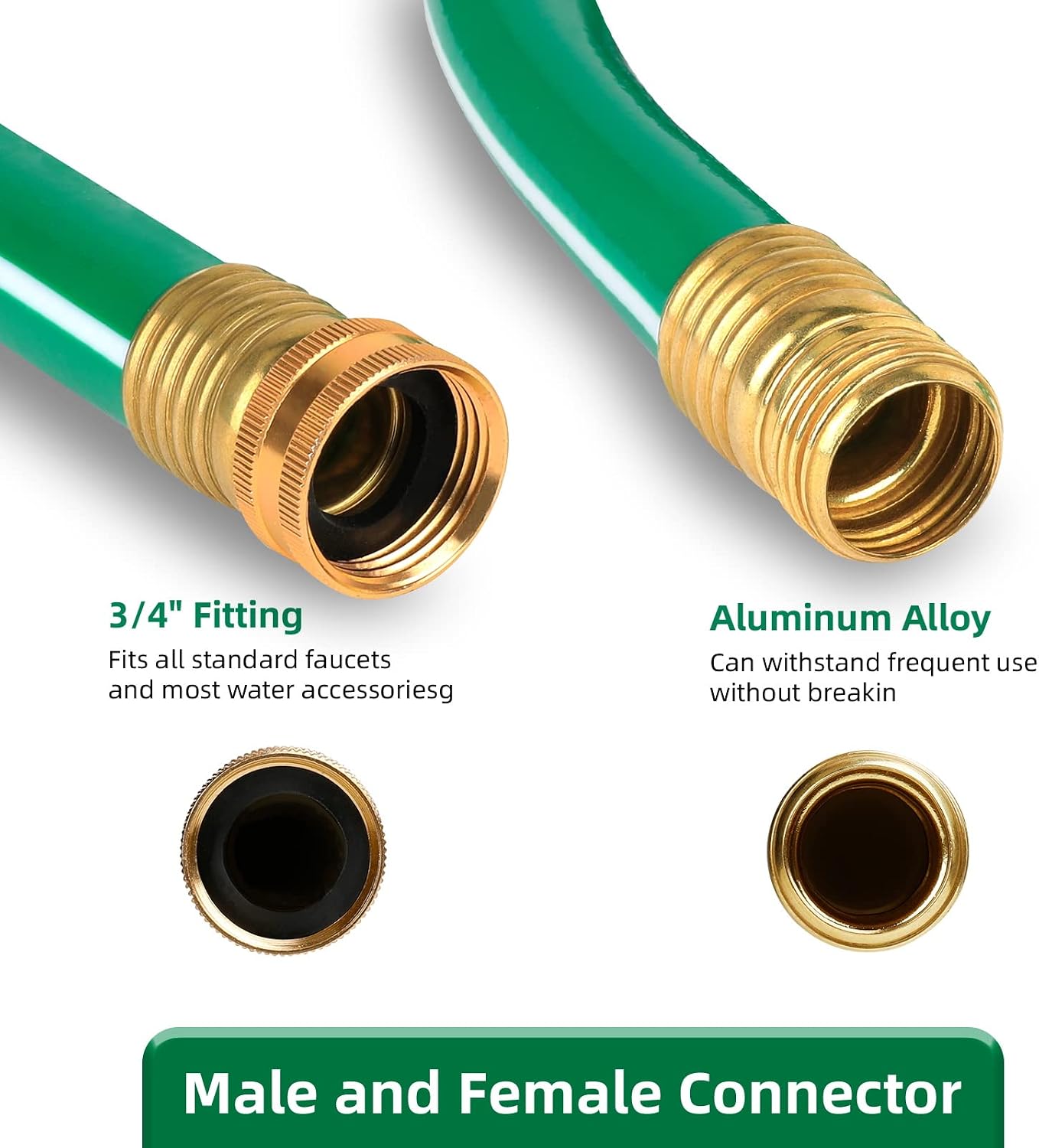 Short Lead-in Green Garden Hose 5/8 in. x 6 ft. -Kink Free, No Leaking, Male/Female Fittings -Heavy Duty Durable Flexible Lightweight Water Pipe -Brass Aluminum Ends for Household & Yard Use