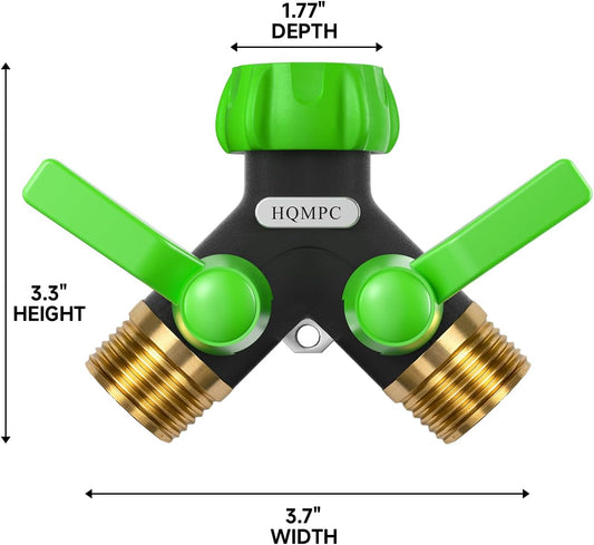 Garden Hose Splitter, 2 Way Hose Bib Splitter, Brass y splitter 2 way Y valve Metal Body 2 Way Hose Shut Off Valve, 2.12" Extra Long Metal Handle, 3/4" GHT Thread (1, Green)