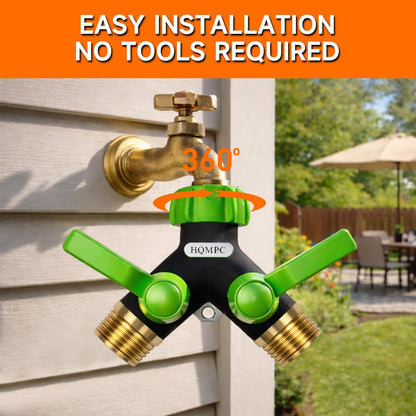Garden Hose Splitter, 2 Way Hose Bib Splitter, Brass y splitter 2 way Y valve Metal Body 2 Way Hose Shut Off Valve, 2.12" Extra Long Metal Handle, 3/4" GHT Thread (1, Green)