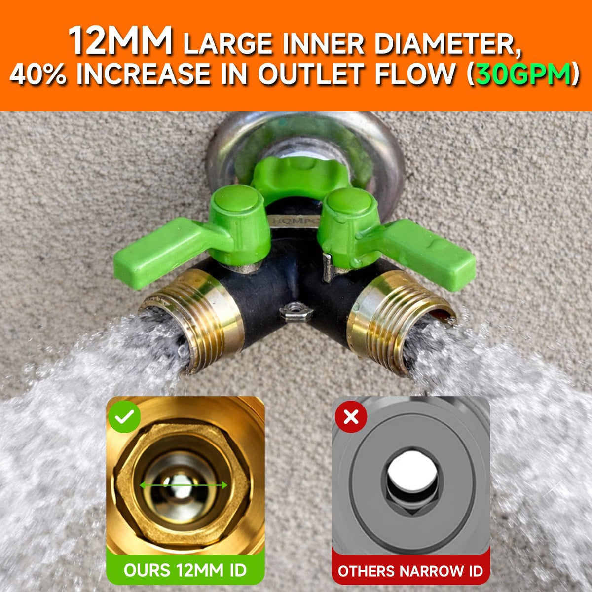 Garden Hose Splitter, 2 Way Hose Bib Splitter, Brass y splitter 2 way Y valve Metal Body 2 Way Hose Shut Off Valve, 2.12" Extra Long Metal Handle, 3/4" GHT Thread (1, Green)