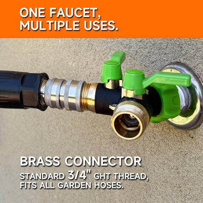 Garden Hose Splitter, 2 Way Hose Bib Splitter, Brass y splitter 2 way Y valve Metal Body 2 Way Hose Shut Off Valve, 2.12" Extra Long Metal Handle, 3/4" GHT Thread (1, Green)
