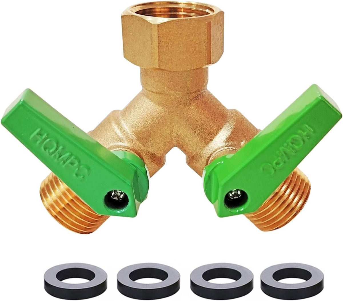 Garden Hose Splitter, 2 Way Hose Bib Splitter, Brass y splitter 2 way Y valve Metal Body 2 Way Hose Shut Off Valve, 2.12" Extra Long Metal Handle, 3/4" GHT Thread (1, Green)