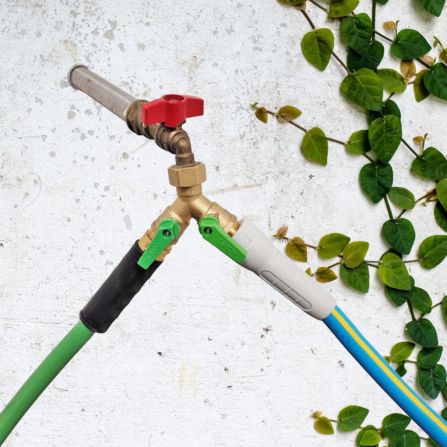 Garden Hose Splitter, 2 Way Hose Bib Splitter, Brass y splitter 2 way Y valve Metal Body 2 Way Hose Shut Off Valve, 2.12" Extra Long Metal Handle, 3/4" GHT Thread (1, Green)