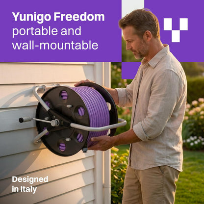 FREEDOM Portable and Wall-Mountable Garden Hose Reel equipped with 5/8' 100ft, Kink-Free Hybrid Hose, Lightweight, Easy Setup. Spray Nozzle and Leader Hose Included