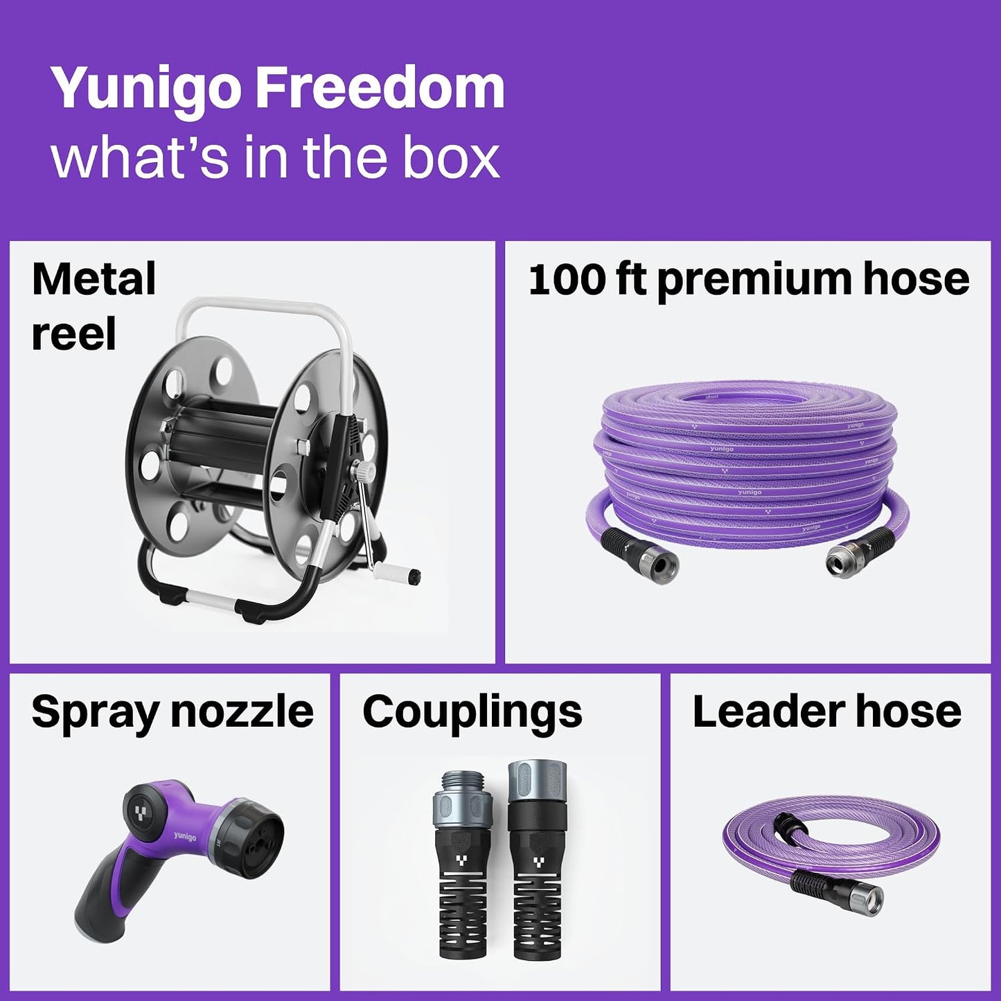 FREEDOM Portable and Wall-Mountable Garden Hose Reel equipped with 5/8' 100ft, Kink-Free Hybrid Hose, Lightweight, Easy Setup. Spray Nozzle and Leader Hose Included