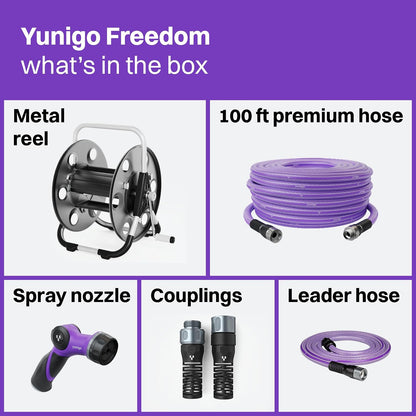FREEDOM Portable and Wall-Mountable Garden Hose Reel equipped with 5/8' 100ft, Kink-Free Hybrid Hose, Lightweight, Easy Setup. Spray Nozzle and Leader Hose Included