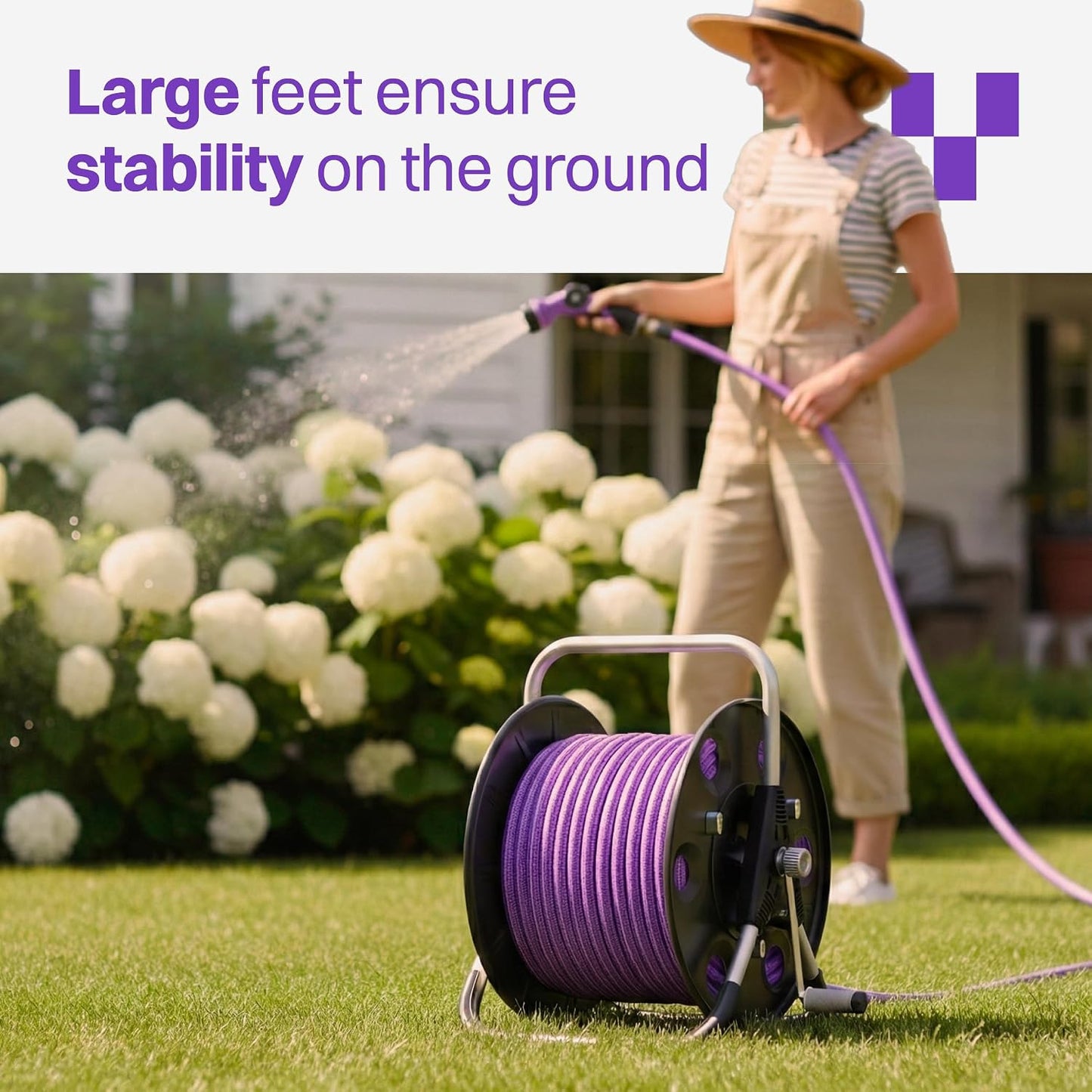 FREEDOM Portable and Wall-Mountable Garden Hose Reel equipped with 5/8' 100ft, Kink-Free Hybrid Hose, Lightweight, Easy Setup. Spray Nozzle and Leader Hose Included