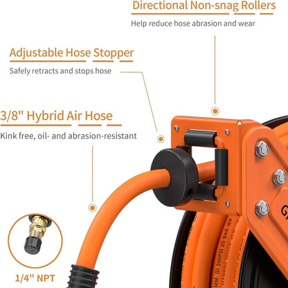 Retractable Air Hose Reel 50ft with Swivel Bracket 3/8"