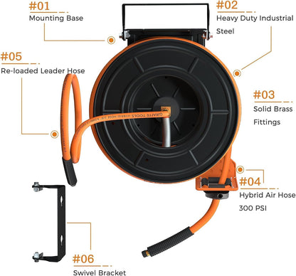 Retractable Air Hose Reel 50ft with Swivel Bracket 3/8"