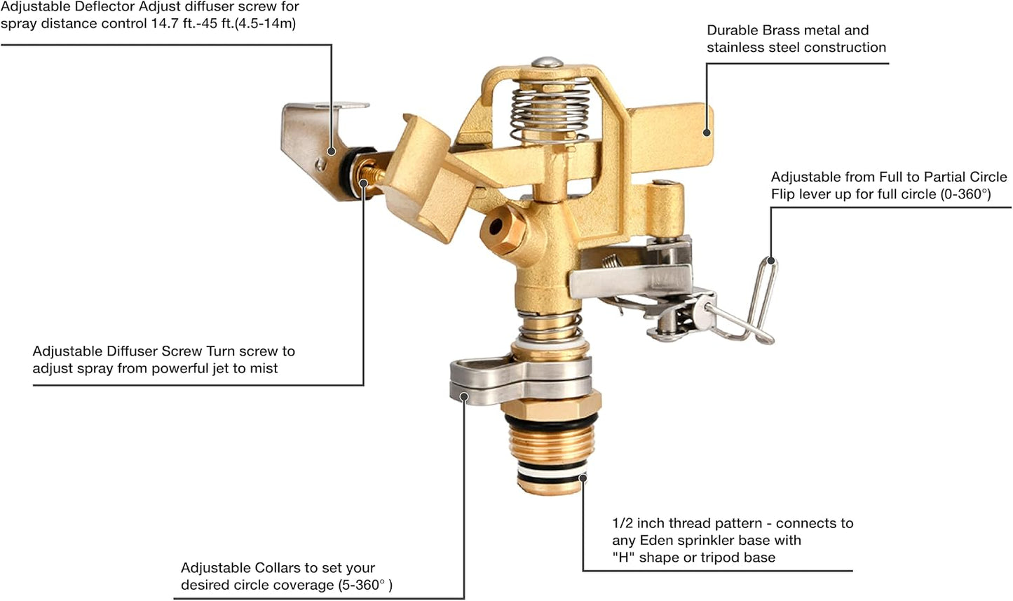 16032 Brass Impact Sprinkler, Heavy Duty Sprinkler Head, Adjustable 0-360 Degrees Pattern, Watering Sprinklers for Yard, Lawn and Grass Irrigation