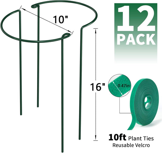 12 Pack Peony Cage Plant Support Stakes 10" W x 16" H Heavy Duty Ring Metal Garden Support Structures Plant Cage with Ties for Indoor Flower Outdoor Tomato Hydrangea Monstera