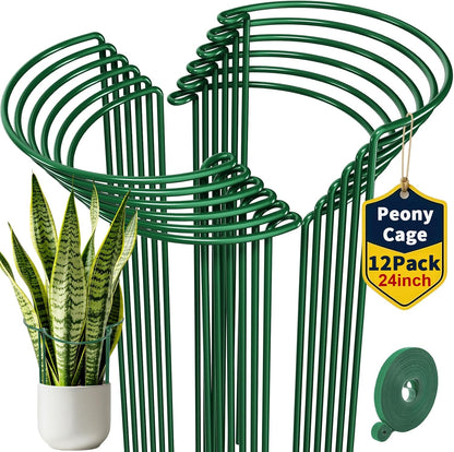 12 Pack Peony Cage Plant Support Stakes 10" W x 16" H Heavy Duty Ring Metal Garden Support Structures Plant Cage with Ties for Indoor Flower Outdoor Tomato Hydrangea Monstera
