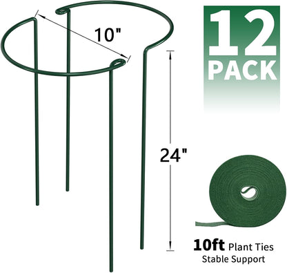 12 Pack Peony Cage Plant Support Stakes 10" W x 16" H Heavy Duty Ring Metal Garden Support Structures Plant Cage with Ties for Indoor Flower Outdoor Tomato Hydrangea Monstera