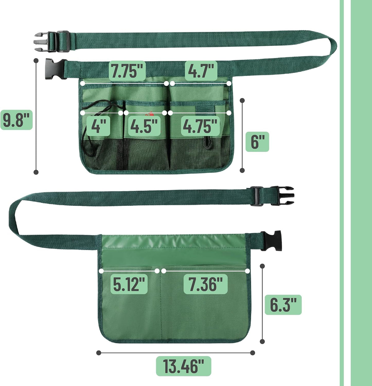 Adjustable Gardening Belt, Green, 7 Pockets, Wear, Cut and Water Resistant, Garden Tool Belt Pouch, Waist Apron with Pockets